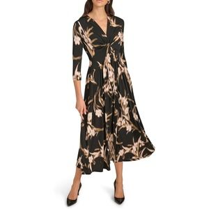 Calvin‎ Klein Women's Black Floral Twist Front Midi Dress Size 4